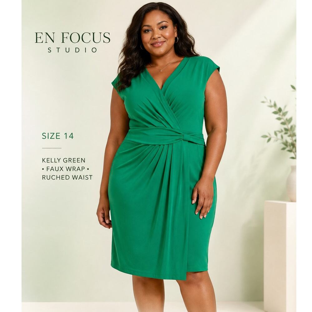 En Focus Studio Dress 14 Kelly Green Faux Wrap Ruched Waist Career Cocktail